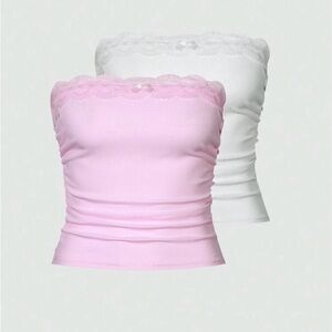 SHEIN Pink and White Lace Trim Camisoles